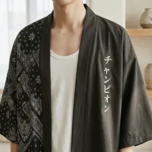 Men's Haori Jacket with Black and White Paisley Print — view 2
