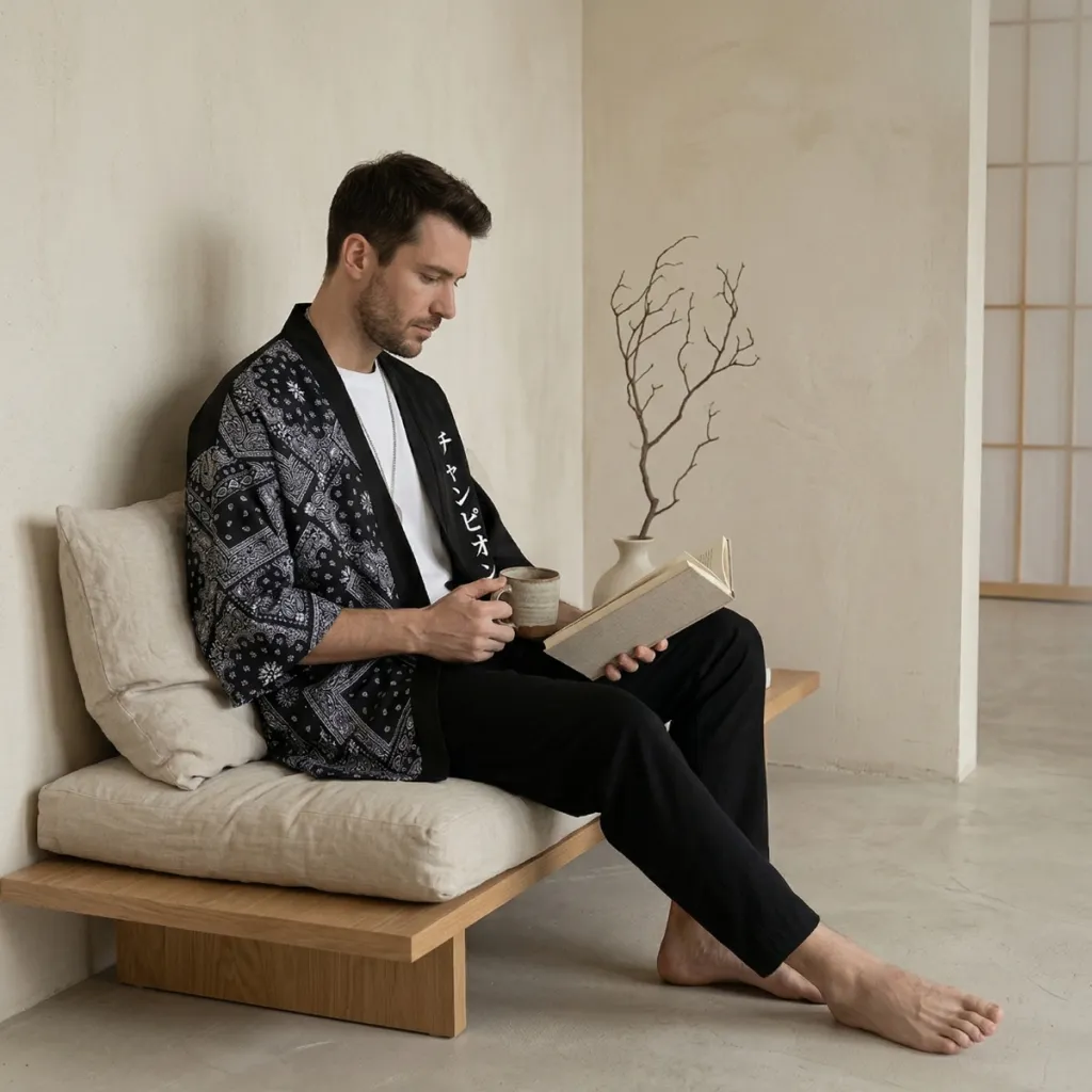 Men's Haori Jacket with Black and White Paisley Print — where minimalism meets durability