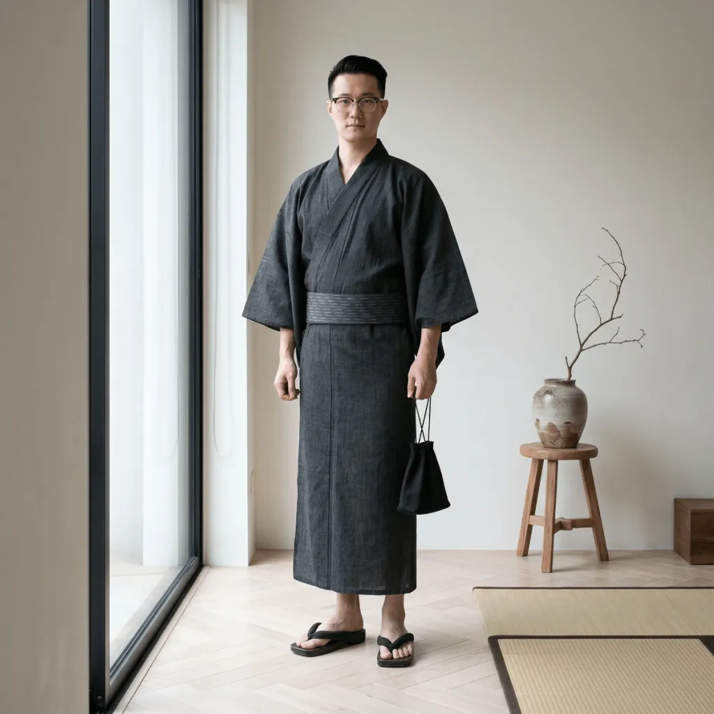 Men's Black Yukata with Matching Obi