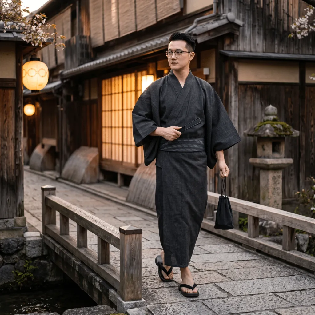 Men's Black Yukata with Matching Obi — where minimalism meets durability