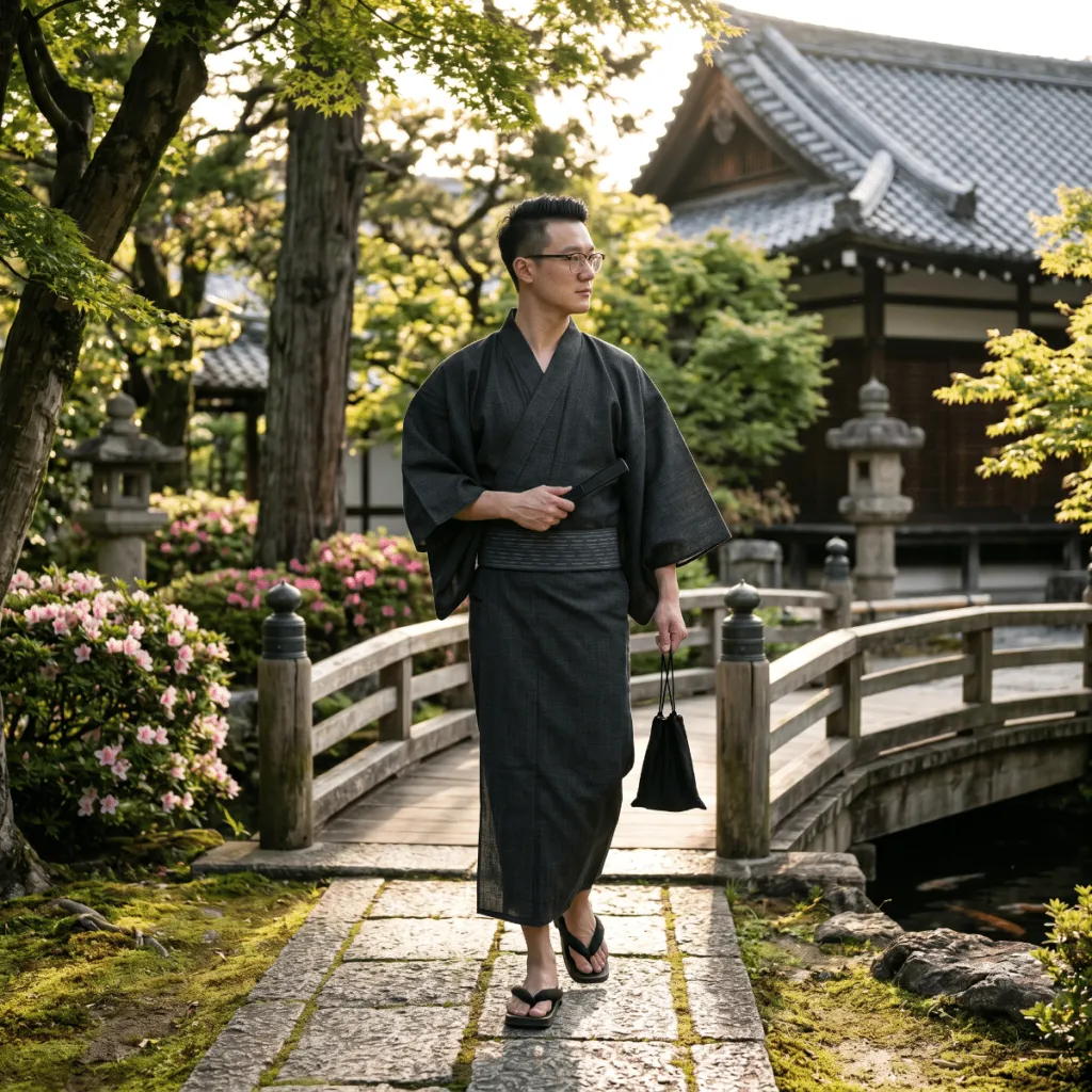 Men's Black Yukata with Matching Obi — flexible, beautiful styling