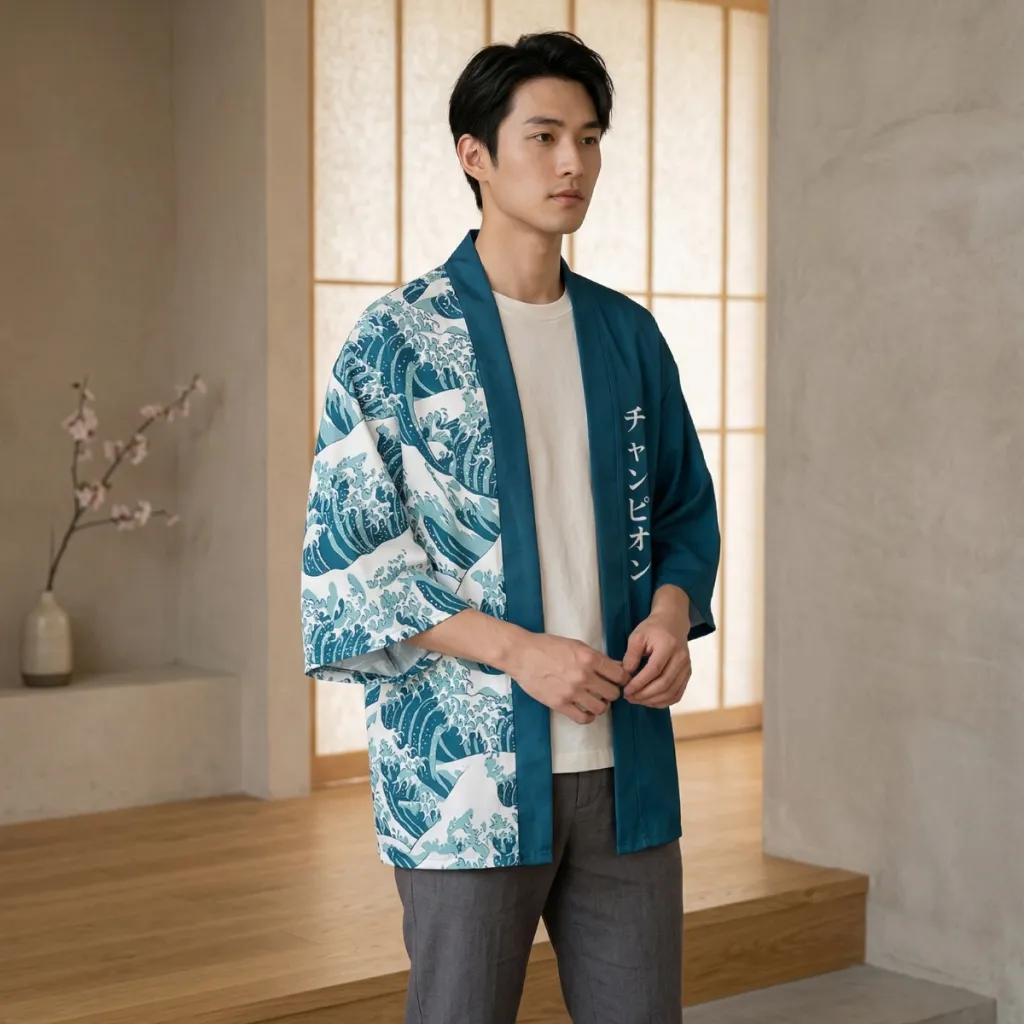 Men's Blue Haori Jacket with Kanagawa Wave Print