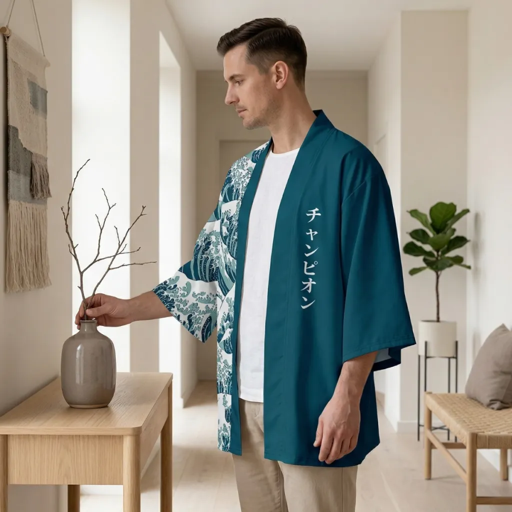 Men's Blue Haori Jacket with Kanagawa Wave Print — a piece designed for serenity
