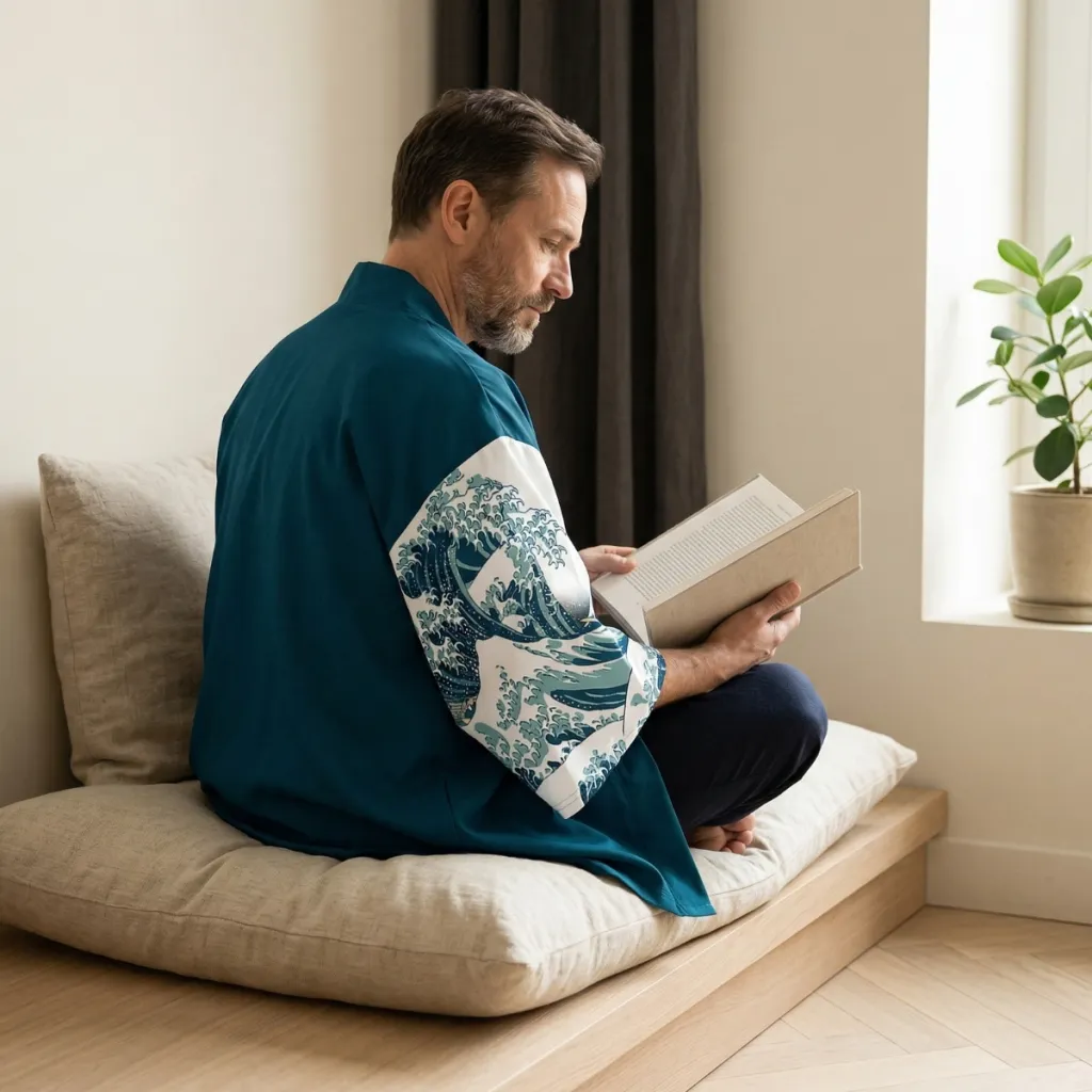 Men's Blue Haori Jacket with Kanagawa Wave Print — where minimalism meets durability