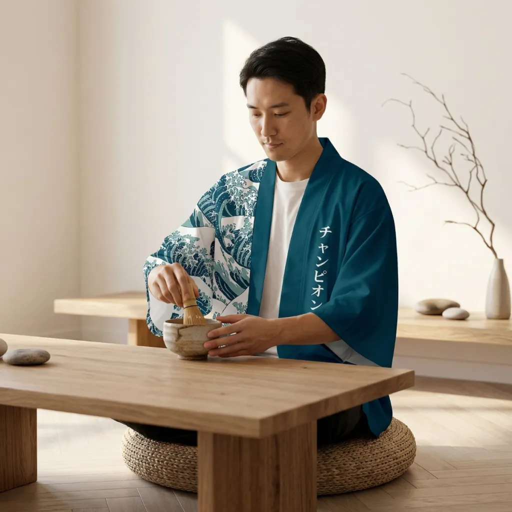 Men's Blue Haori Jacket with Kanagawa Wave Print — flexible, beautiful styling