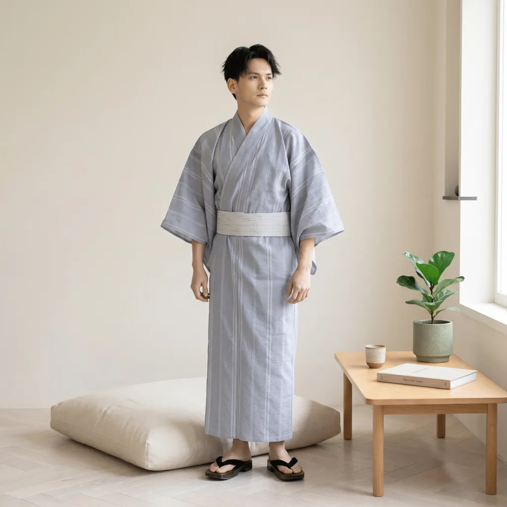 Men's Blue Yukata with Gray Stripes