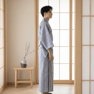 Men's Blue Yukata with Gray Stripes — view 2