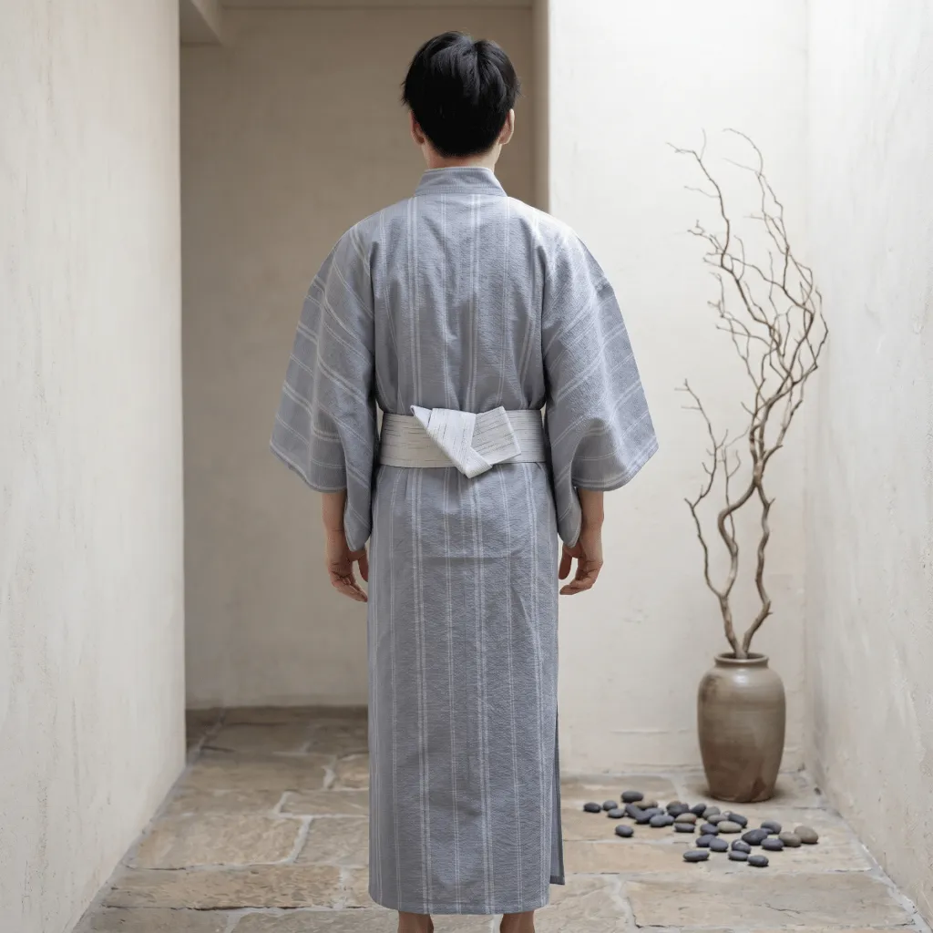 Men's Blue Yukata with Gray Stripes — flexible, beautiful styling
