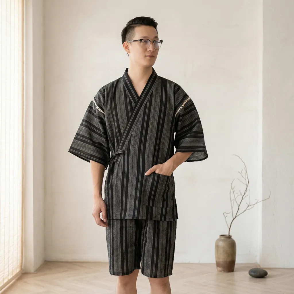 Men's Cotton Jinbei Set with Black Stripes