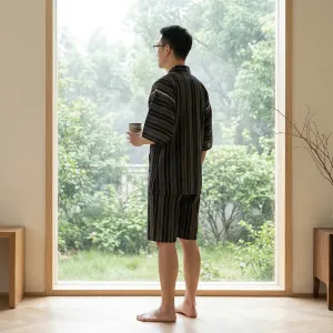 Men's Cotton Jinbei Set with Black Stripes — view 3