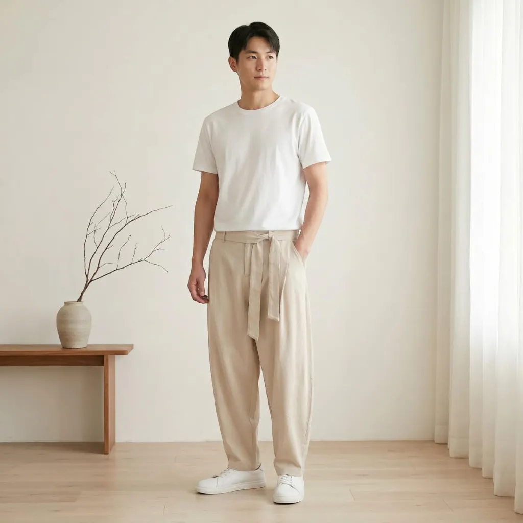 Men's Ecru Carrot-Fit Japanese Pants with Obi Belt