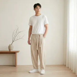 Men's Ecru Carrot-Fit Japanese Pants with Obi Belt — view 1