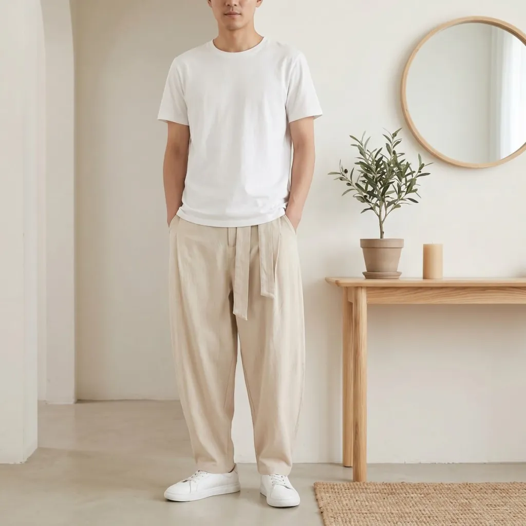 Men's Ecru Carrot-Fit Japanese Pants with Obi Belt — a piece designed for serenity