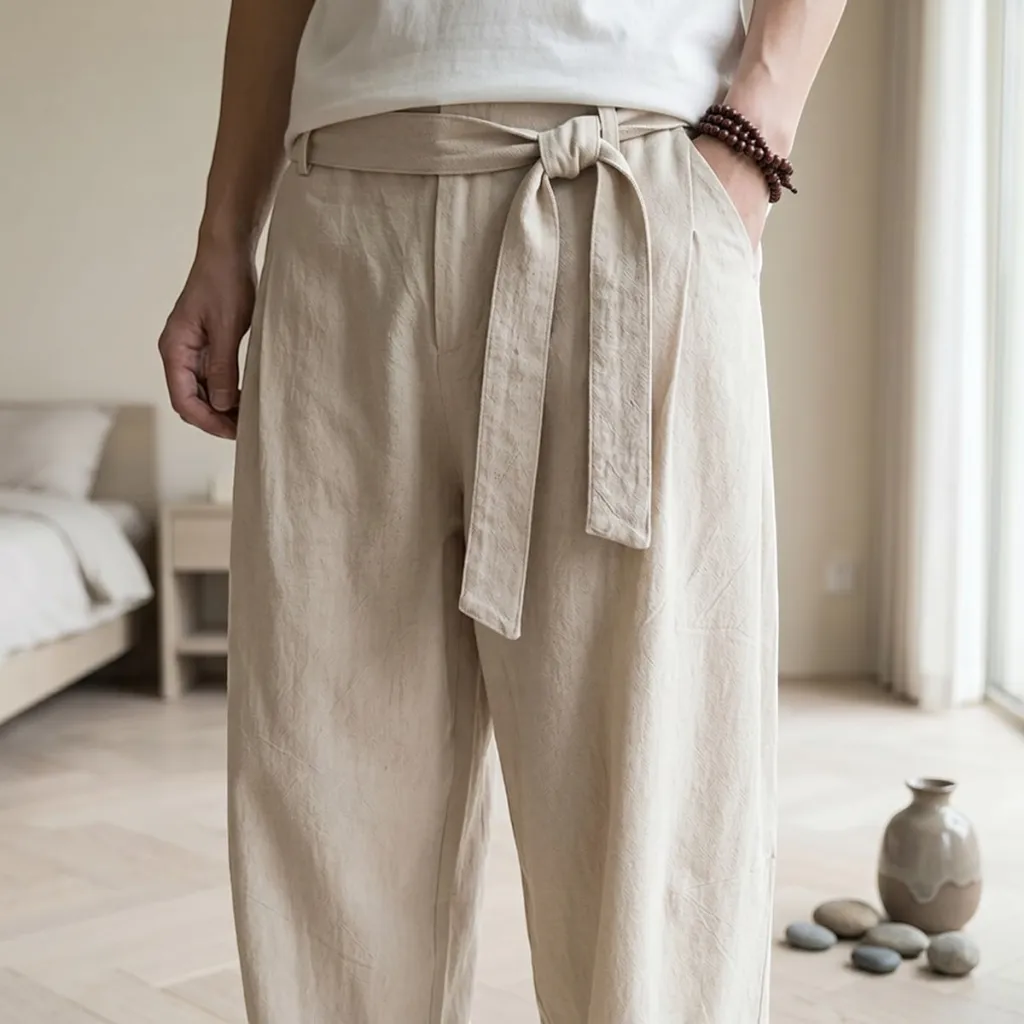 Men's Ecru Carrot-Fit Japanese Pants with Obi Belt — where minimalism meets durability