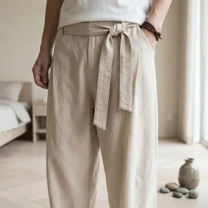 Men's Ecru Carrot-Fit Japanese Pants with Obi Belt — view 3
