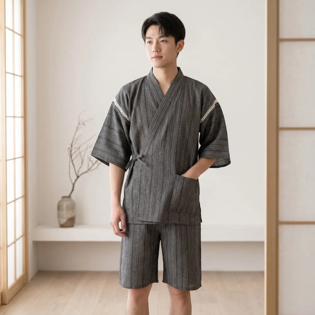Men's Gray Cotton Jinbei with Subtle Stripes