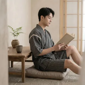 Men's Gray Cotton Jinbei with Subtle Stripes — view 3