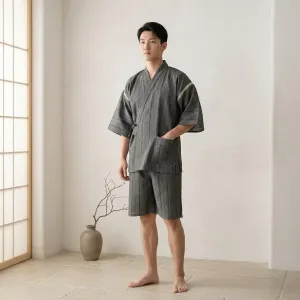 Men's Gray Cotton Jinbei with Subtle Stripes — view 5