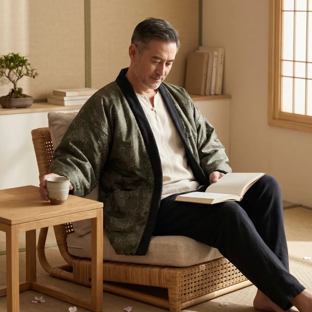 Men's Green Hanten Jacket with Floral Print — a piece designed for serenity