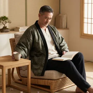 Men's Green Hanten Jacket with Floral Print — view 2