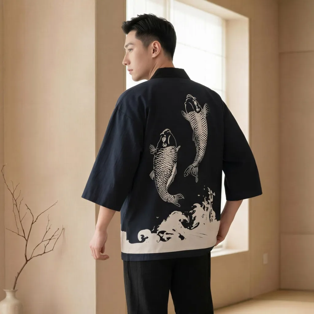 Men's Hanten Jacket with Fish Print on the Back