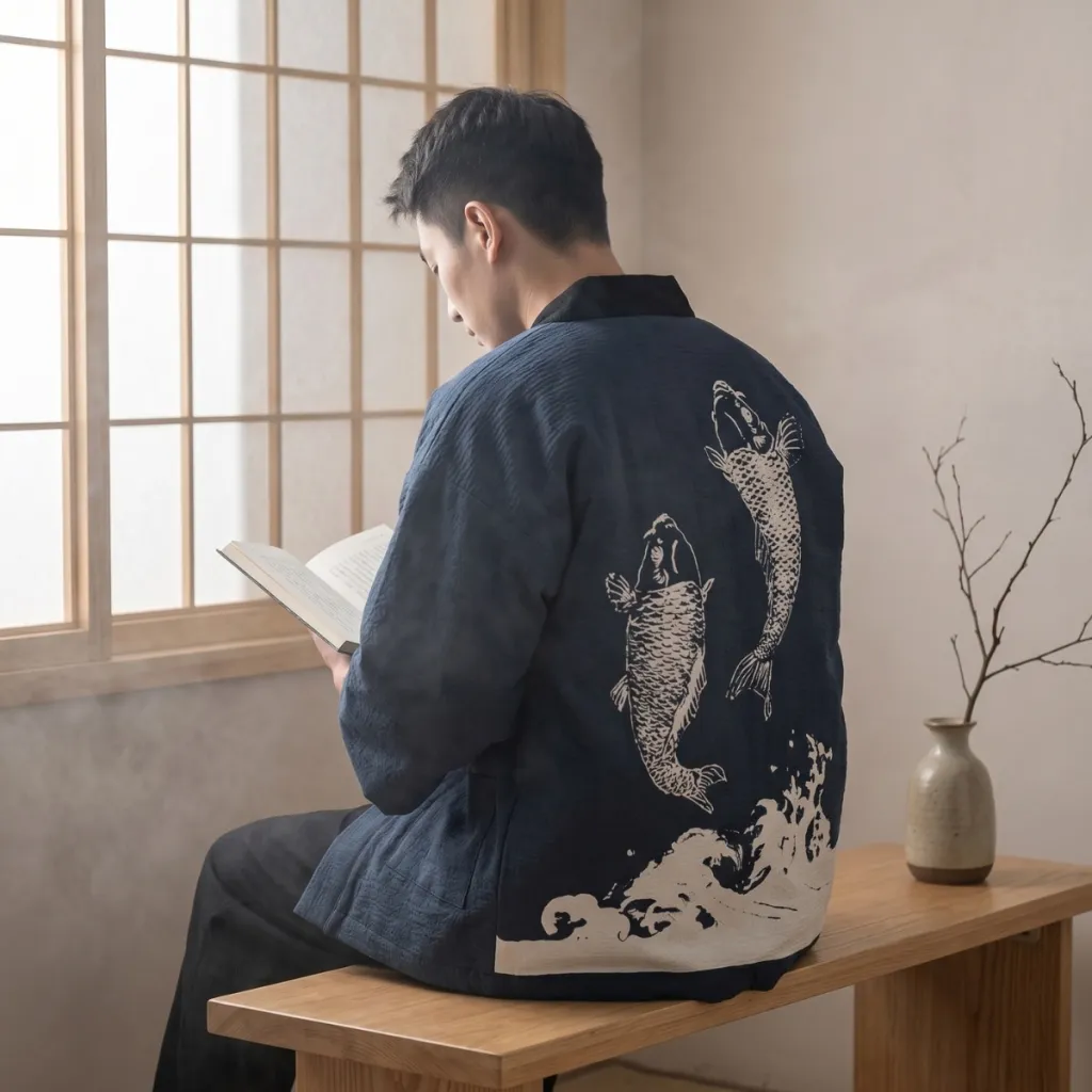 Men's Hanten Jacket with Fish Print on the Back — flexible, beautiful styling