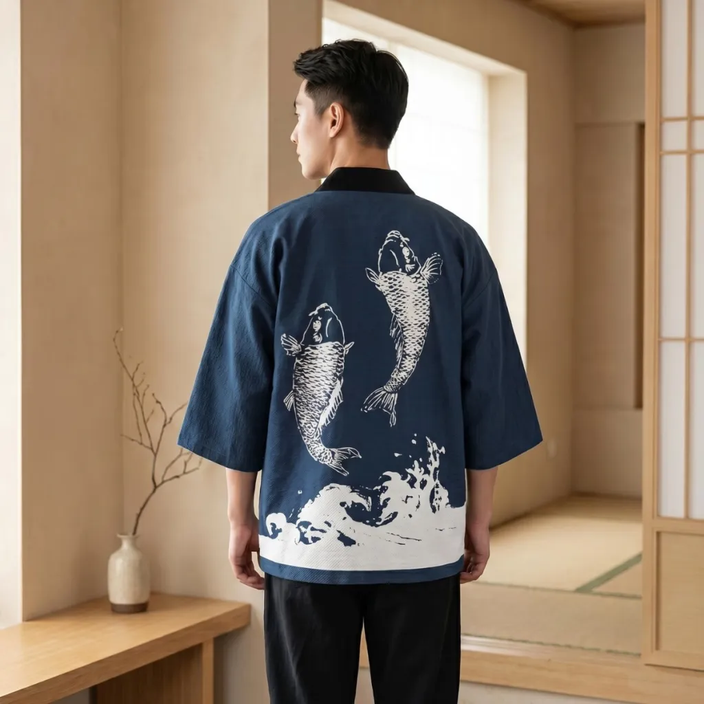 Men's Hanten Jacket with Fish Print on the Back