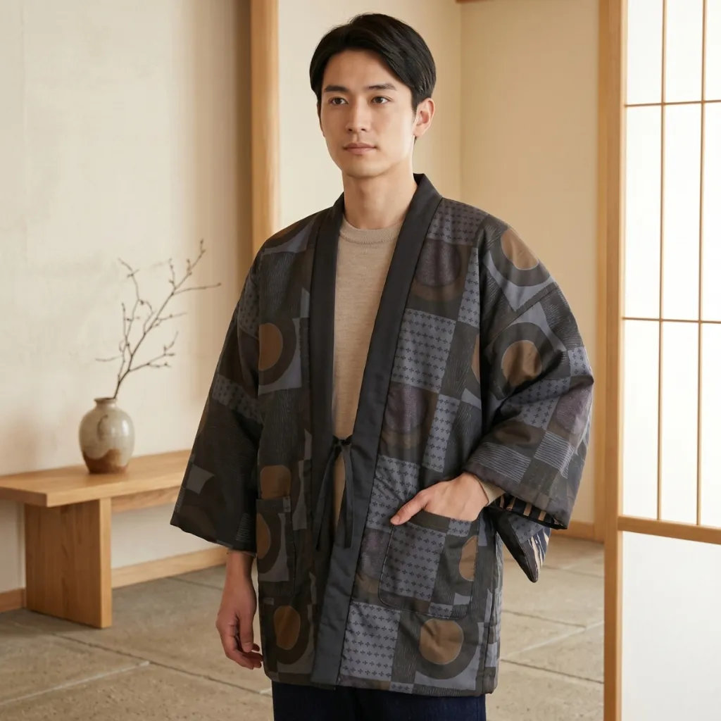 Men's Hanten Jacket with Patchwork-Style Print