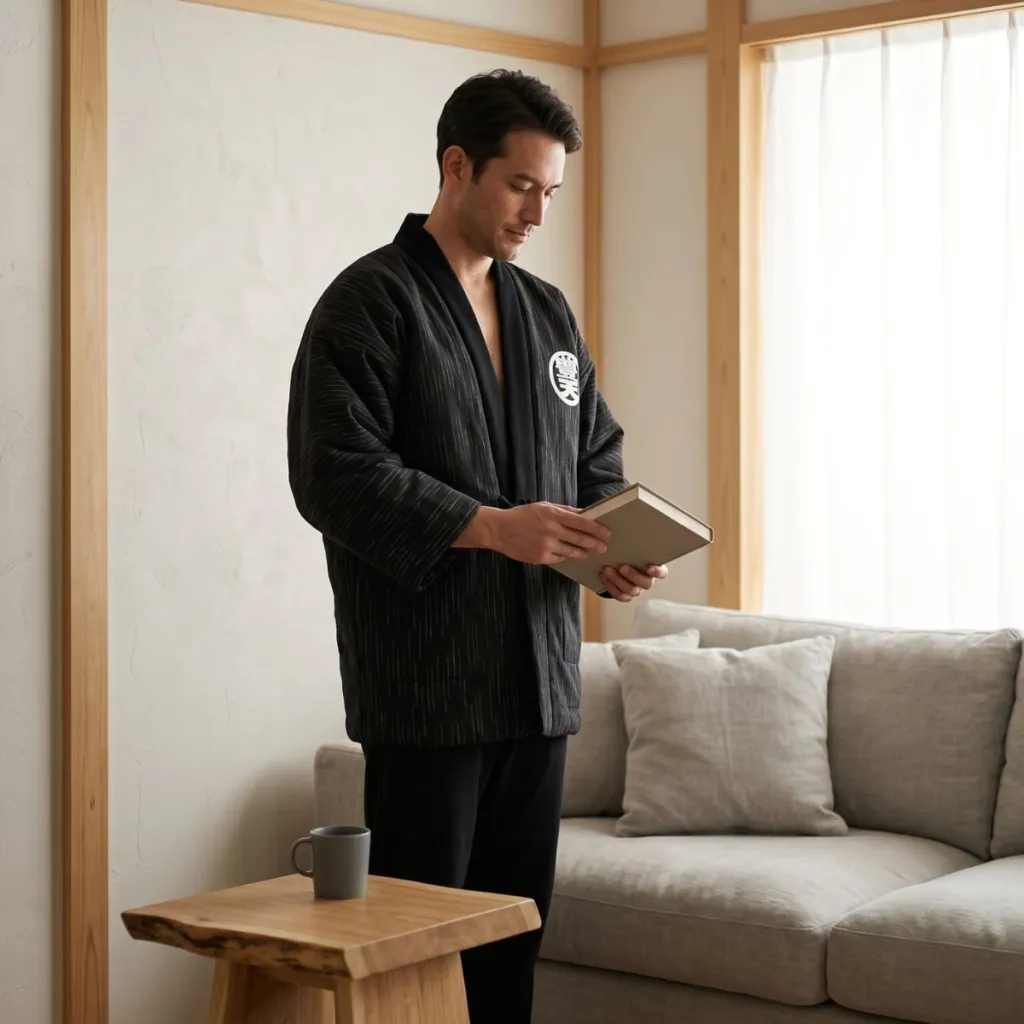 Men's Hanten Jacket with Prosperity Symbol — flexible, beautiful styling