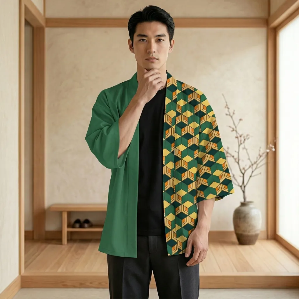 Men's Haori Jacket with Geometric Pattern