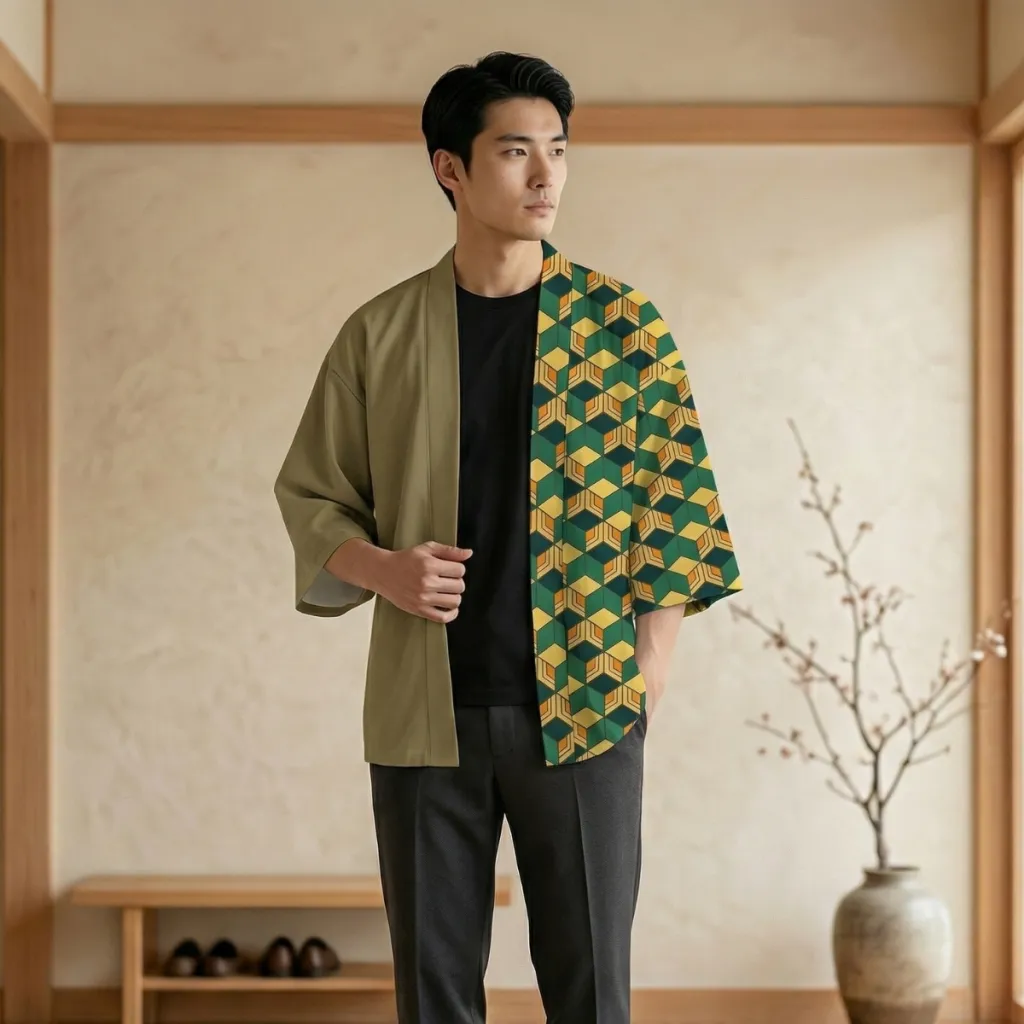 Men's Haori Jacket with Geometric Pattern