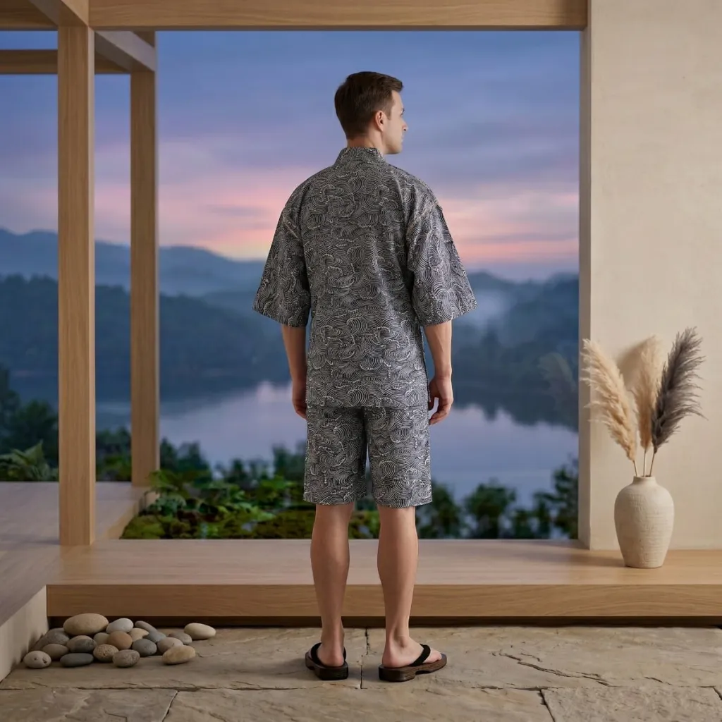 Men's Jinbei with Hokusai Wave Print — a piece designed for serenity