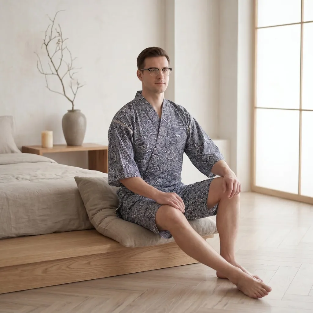 Men's Jinbei with Hokusai Wave Print — flexible, beautiful styling