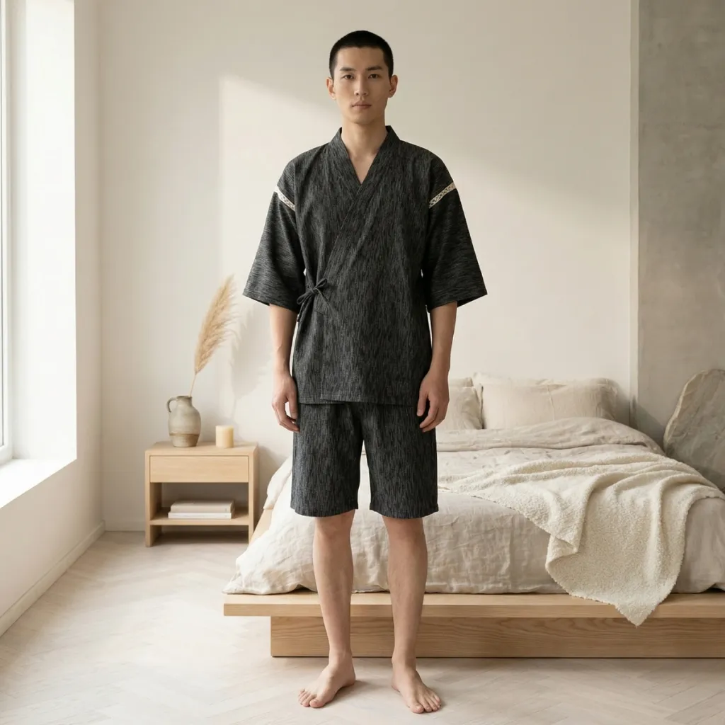 Men's Japanese Small Check Pajama Set with Shorts