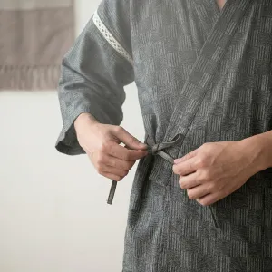 Men's Japanese Small Check Pajama Set with Shorts — view 3
