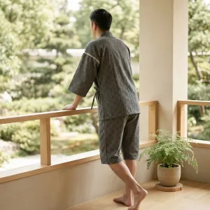Men's Japanese Small Check Pajama Set with Shorts — view 4