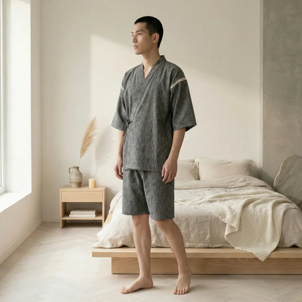 Men's Japanese Small Check Pajama Set with Shorts