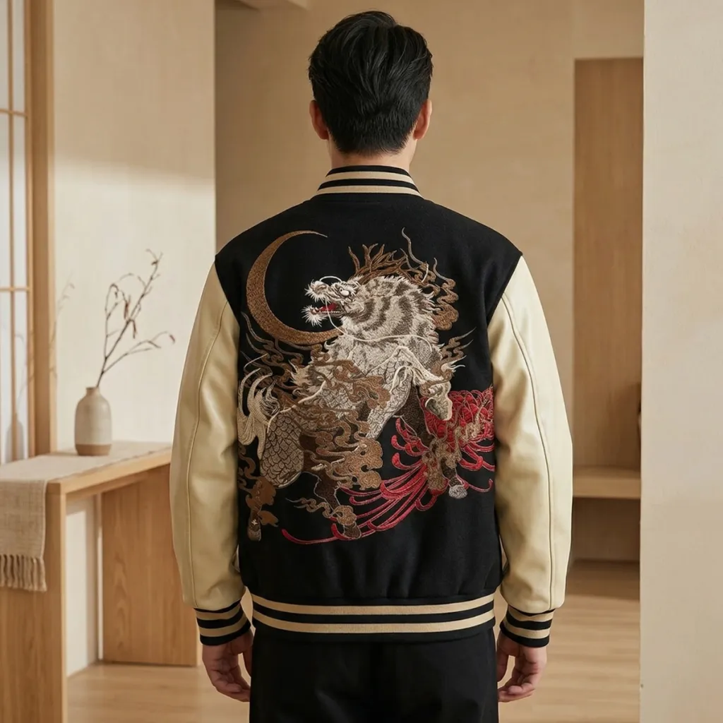 Men's Japanese Sukajan Jacket with Embroidered Kirin Back Design