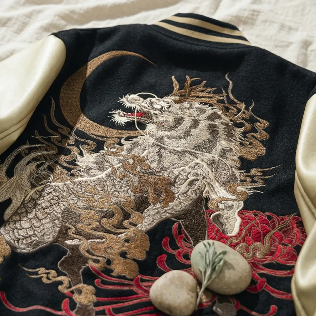 Men's Japanese Sukajan Jacket with Embroidered Kirin Back Design — a piece designed for serenity