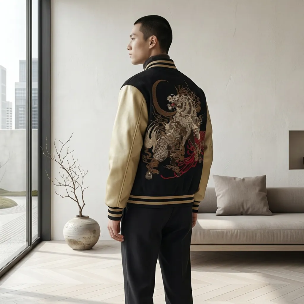 Men's Japanese Sukajan Jacket with Embroidered Kirin Back Design — where minimalism meets durability