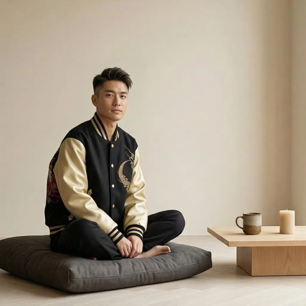 Men's Japanese Sukajan Jacket with Embroidered Kirin Back Design — flexible, beautiful styling