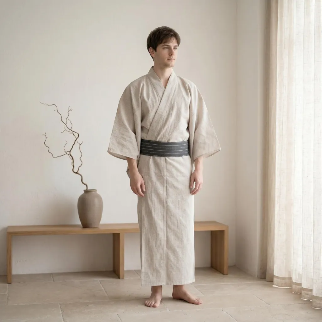Men's Lightweight Beige Cotton Yukata