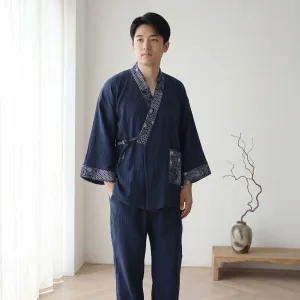 Men's Navy Textured Jinbei with Kikkou Pattern — view 1
