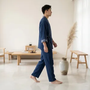 Men's Navy Textured Jinbei with Kikkou Pattern — view 2