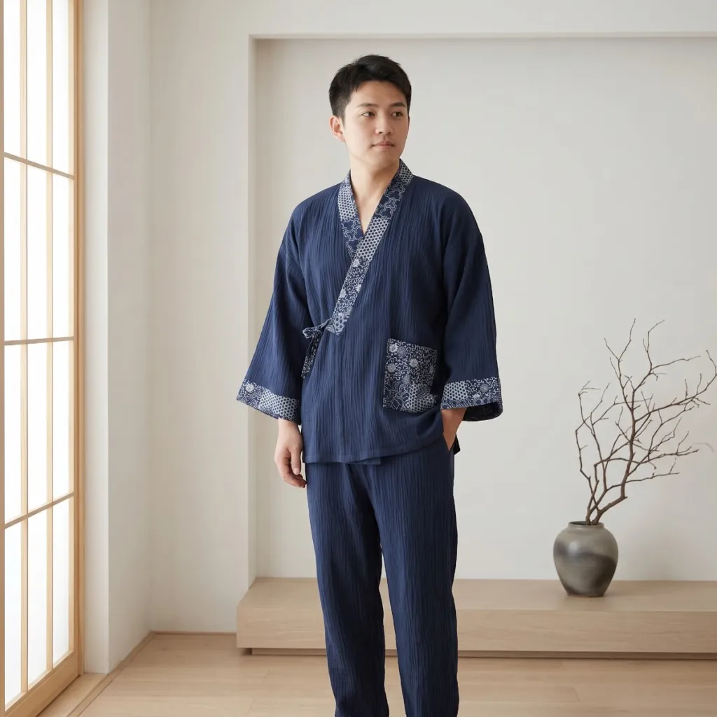 Men's Navy Textured Jinbei with Kikkou Pattern — where minimalism meets durability