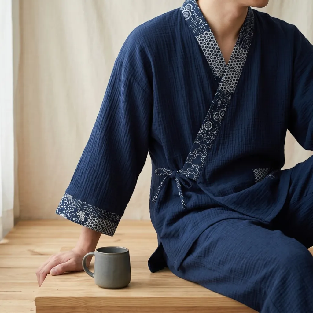 Men's Navy Textured Jinbei with Kikkou Pattern — flexible, beautiful styling