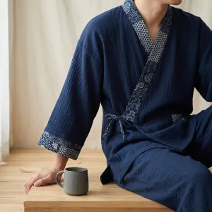 Men's Navy Textured Jinbei with Kikkou Pattern — view 4