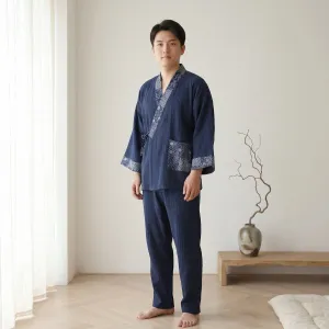 Men's Navy Textured Jinbei with Kikkou Pattern — view 5
