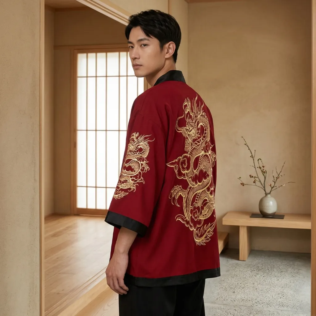 Men's Red Haori Jacket with Dragon Print
