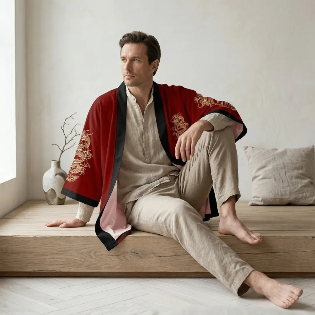 Men's Red Haori Jacket with Dragon Print — where minimalism meets durability
